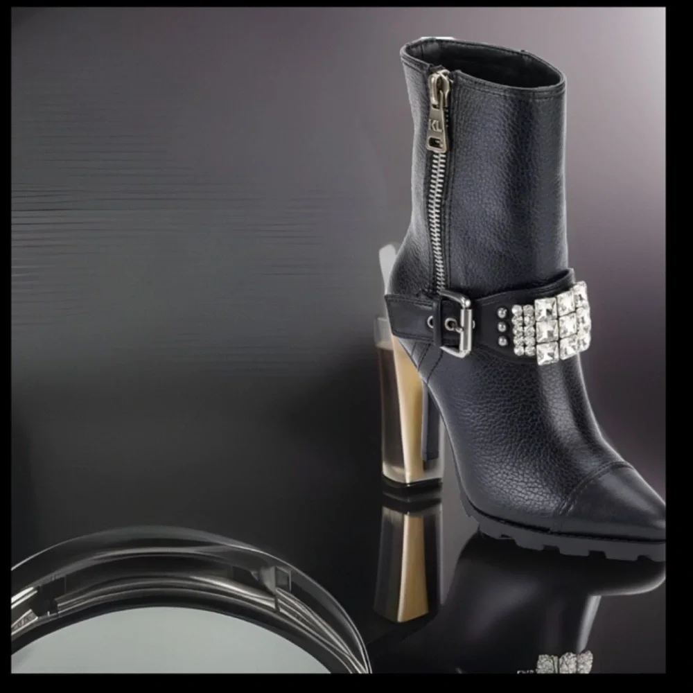 Karl Lagerfeld Mable Lug-Sole Heeled Black Boot W/Crystal & Polished Studs Strap